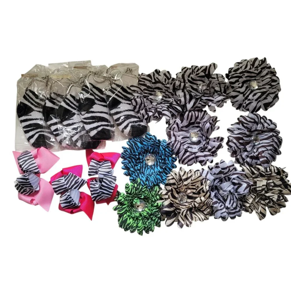 Lot of 10 zebra flower hair clips, 5 baby sock coin purses, 3 bow hair clips